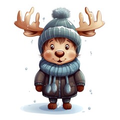 Watercolor illustration of a cute moose wearing a knitted hat, scarf and jacket on a white background.