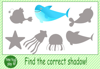 Naklejka premium tasks for children's development. logical tasks. find the right shadow. fish