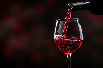 Red wine poured into a clear glass against a plain color background. elegance and rich colors