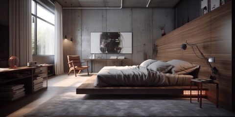 Cozy bedroom interior in modern house.