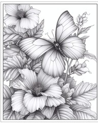 a square frame of flowers and butterflies for coloring book blaack and white