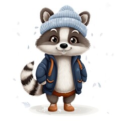Fototapeta premium Illustration of a cute raccoon wearing a knitted hat, scarf and jacket on a white background.