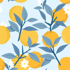 Seamless pattern of oranges and blue branches in leaves