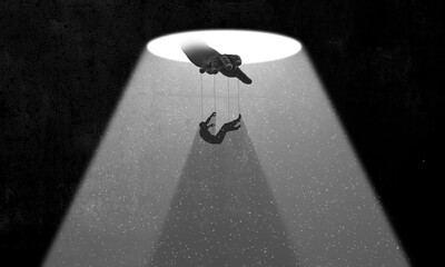 Man Controlled by Eerie puppeteer Hand with rope in a Hole light scene. Surreal concept imagination...