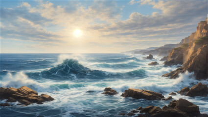 Obraz premium Majestic Ocean Waves Crashing Against Rocky Cliffs Under a Sunset Sky