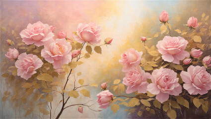 Blooming Pink Roses on Canvas Depicting a Serene Spring Morning