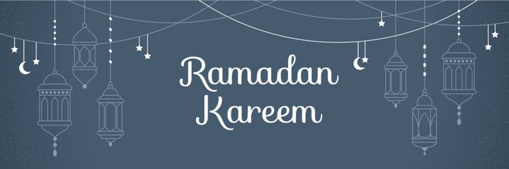 Fototapeta premium Banner line style for Ramadan Kareem. On a dark colored background with lanterns, stars, a month and calligraphy. Simple vector illustration