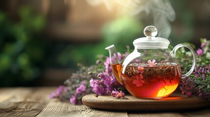 A glass teapot filled with herbal tea. Generative Ai. - obrazy, fototapety, plakaty