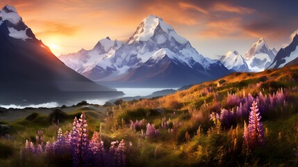 Mountain landscape at sunset. Panoramic view of Mount Cook, New Zealand - obrazy, fototapety, plakaty