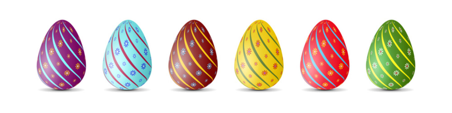 Set of colourful painted Easter eggs decorated with cross stripes and flowers. Vector design, 3D style, transparent background, illustration.