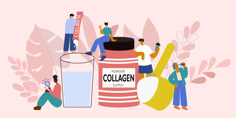 Collagen powder power for people of all ages and lifestyles.  Extra protein intake. Natural beauty and health supplement for skin, bones, joints and gut. Plant or fish based.  - obrazy, fototapety, plakaty