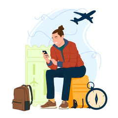 Holiday reservation, man looking for plane tickets with his suitcase.