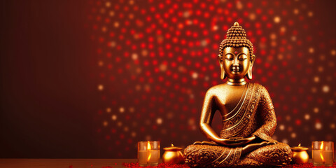 Buddha statue on red background with copy space. Golden Buddha and Burning Candles. Meditating Buddha. Buddha Purnima. Vesak day