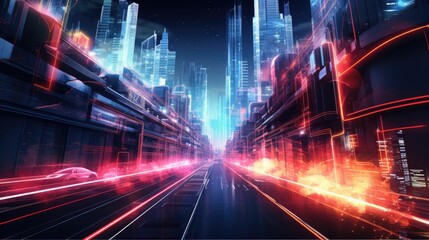 Fototapeta premium Metaverse city, futuristic technology concept of future cyberspace. Abstract urban panorama with skyscrapers and neon lines