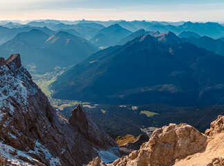 Alpine summer evening view at Mount Zugspitze, Top of Germany, Garmisch-Partenkirchen, Bavaria,...