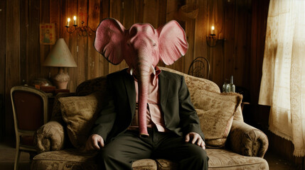 Man with pink elephant head sitting on couch in shabby apartment - binge drinking, alcoholic psychosis concept - obrazy, fototapety, plakaty