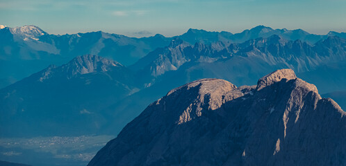 Alpine summer far view of Mount Serles seen from Mount Zugspitze, Top of Germany,...