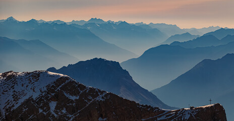 Alpine summer far view of Mount Piz Buin seen from Mount Zugspitze, Top of Germany,...