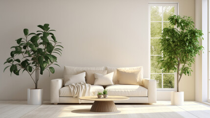 Minimalism living room interior with beige sofa, big green home plants and white walls