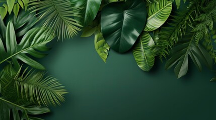 Green tropical botanical background of many various leaves