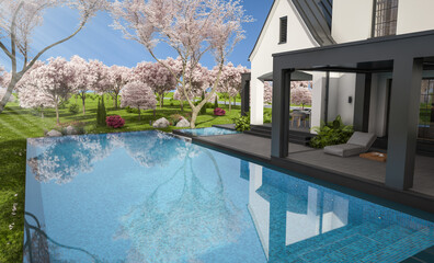 3d rendering of cute cozy white and black modern Tudor style house with parking  and pool for sale or rent. Fresh spring day with a blooming trees with flowers of sakura.