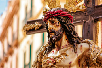 statue of crucified Jesus Christ in a holy week procession - obrazy, fototapety, plakaty