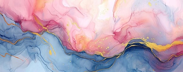 Abstract watercolor paint background illustration - Soft pastel pink blue color and golden lines, with liquid fluid marbled paper texture banner texture, Generative AI 