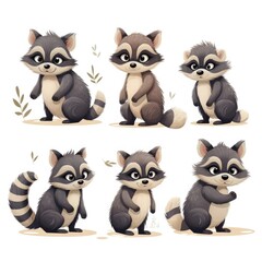 Fototapeta premium Set of cute raccoons on a white background