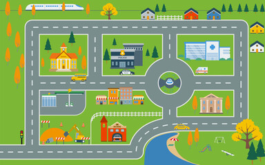 Lovely city, City map, map, cityscape  vector illustration, design elements with road, park, transport,  buildings, for kids play mat.