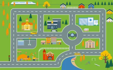 Lovely city, City map, map, cityscape  vector illustration, design elements with road, park, transport,  buildings, for kids play mat. © Nikhom