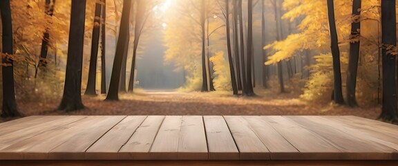 An empty wooden table for displaying goods against the background of an autumn forest
