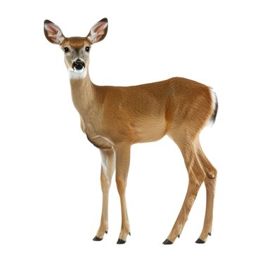 White tailed deer standing side view isolated on white background, photo realistic.