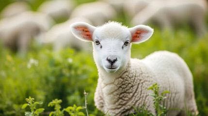 Fototapeta premium Cute lamb, baby sheep on the meadow.