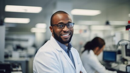 Enthusiastic medical researcher in a state-of-the-art lab passionate about advancing medical knowledge and treatments with a smile