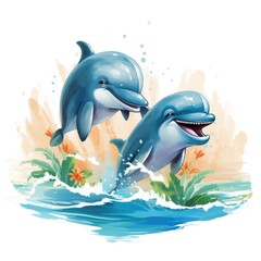 Obraz na płótnie Canvas Illustration of two dolphins jumping on the waves on a white background