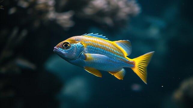 An odd fish swims at depth in the dark. Generative Ai.