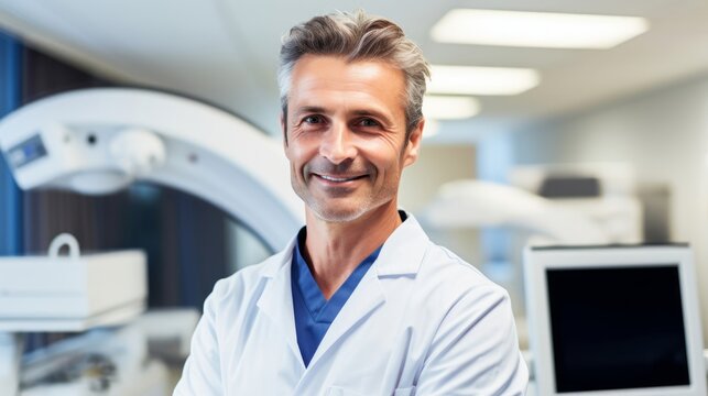 Radiologist in a modern imaging facility contented and providing crucial diagnostic information with a smile