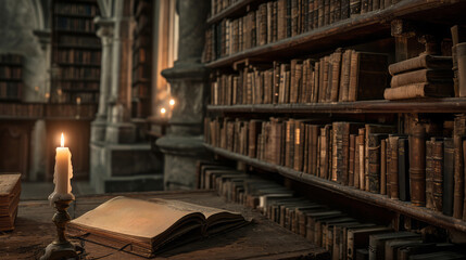 life long learning ancient library with wooden bookshelves ancient books and flickering candlelight