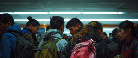 anxiety of immigrants waiting at a border checkpoint uncertainty of their future - obrazy, fototapety, plakaty