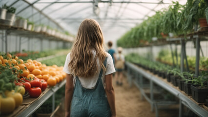 Agriculture, girl in greenhouse for gardening, growing and harvesting vegetables. happy child...