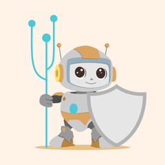Fototapeta premium AI technology concept with cute robot character. Artificial intelligence in science and business, smart machine concept. Vector cartoon illustration with futuristic bot with shield
