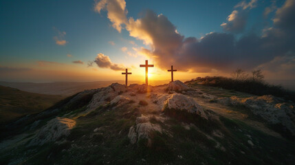 Mount Golgotha and three crosses. Christian religious photo for church publications
