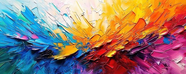 Closeup of abstract rough colorful bold rainbow colors explosion painting texture, with oil brushstroke, pallet knife paint on canvas - Art background, Generative AI 
