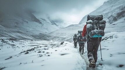 Hikers trekking through a snow mountain pass on a winter expedition.