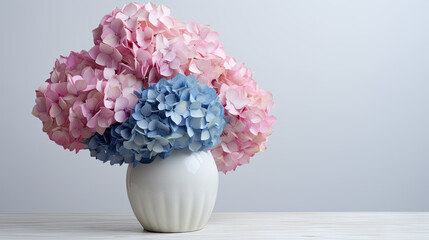 White ceramic vase with bunch of pink and blue hydrangea flowers on table against gray background. Minimalism. Home decor.