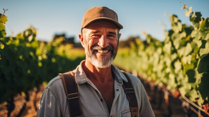 Happy viticulturist among robust grapevines attentive to vineyard's vitality
