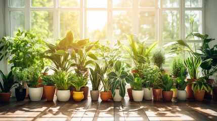 Many indoor home plants at home near window in bright sunlight