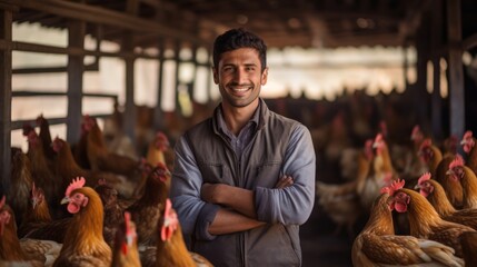 Joyful poultry farmer checks contented chicken with warm smile and humane care - obrazy, fototapety, plakaty