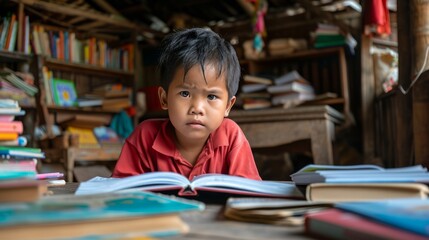 an immigrant child in red shirt reading books in a rustic wooden library home school