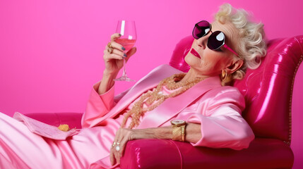 an elderly woman fashionably dressed in a pink suit with necklaces lies in an armchair and drinks wine - Powered by Adobe